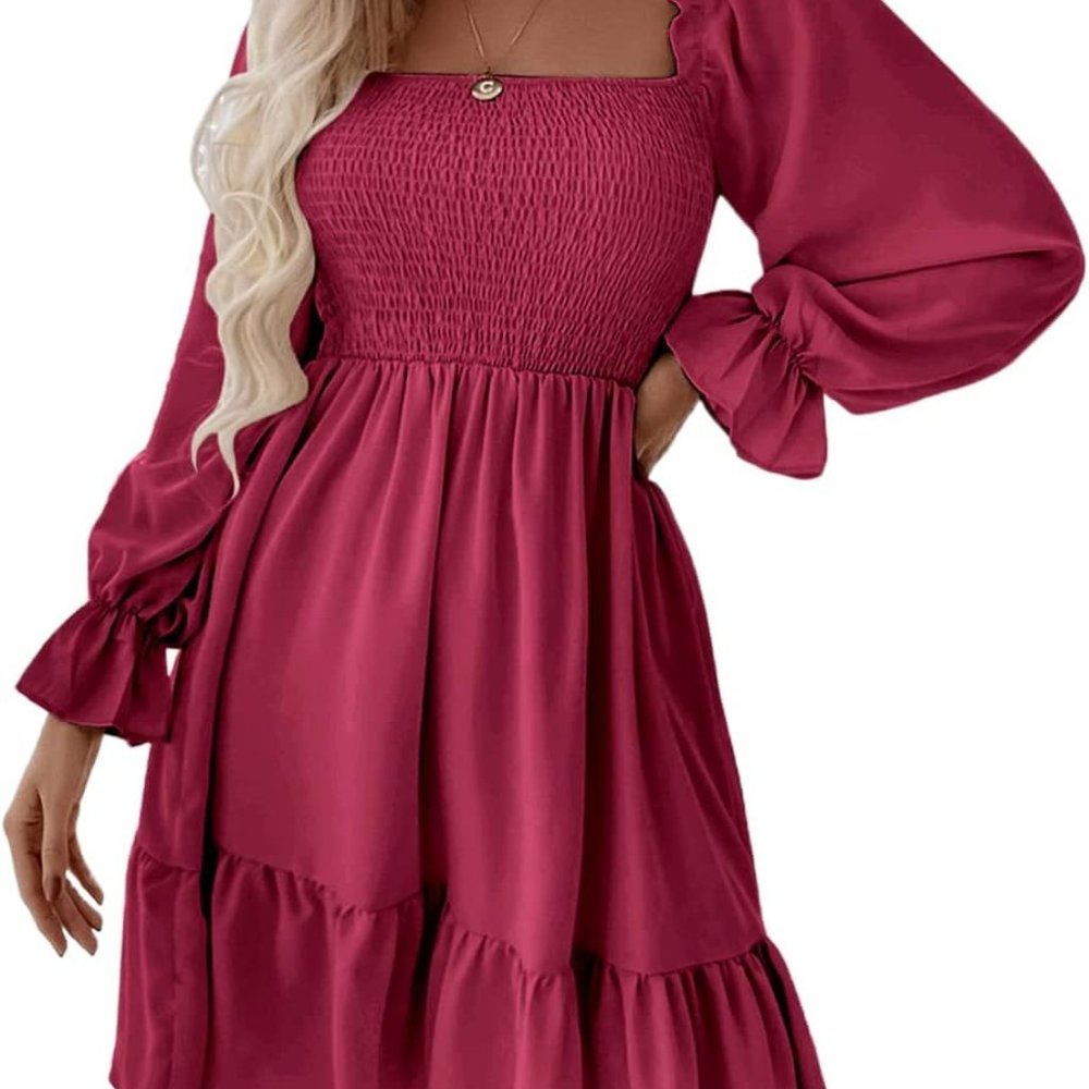 $39.99 Women's Square Neck Long Puff Sleeve Dress A Line Flowy Short Mini Dre